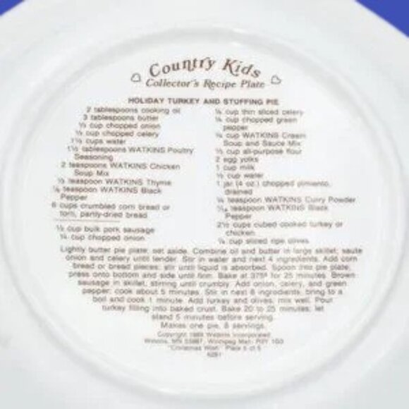 Vintage Watkins Country Kids Deep Dish Pie Plate Holiday Turkey Stuffing Recipe - Picture 5 of 7